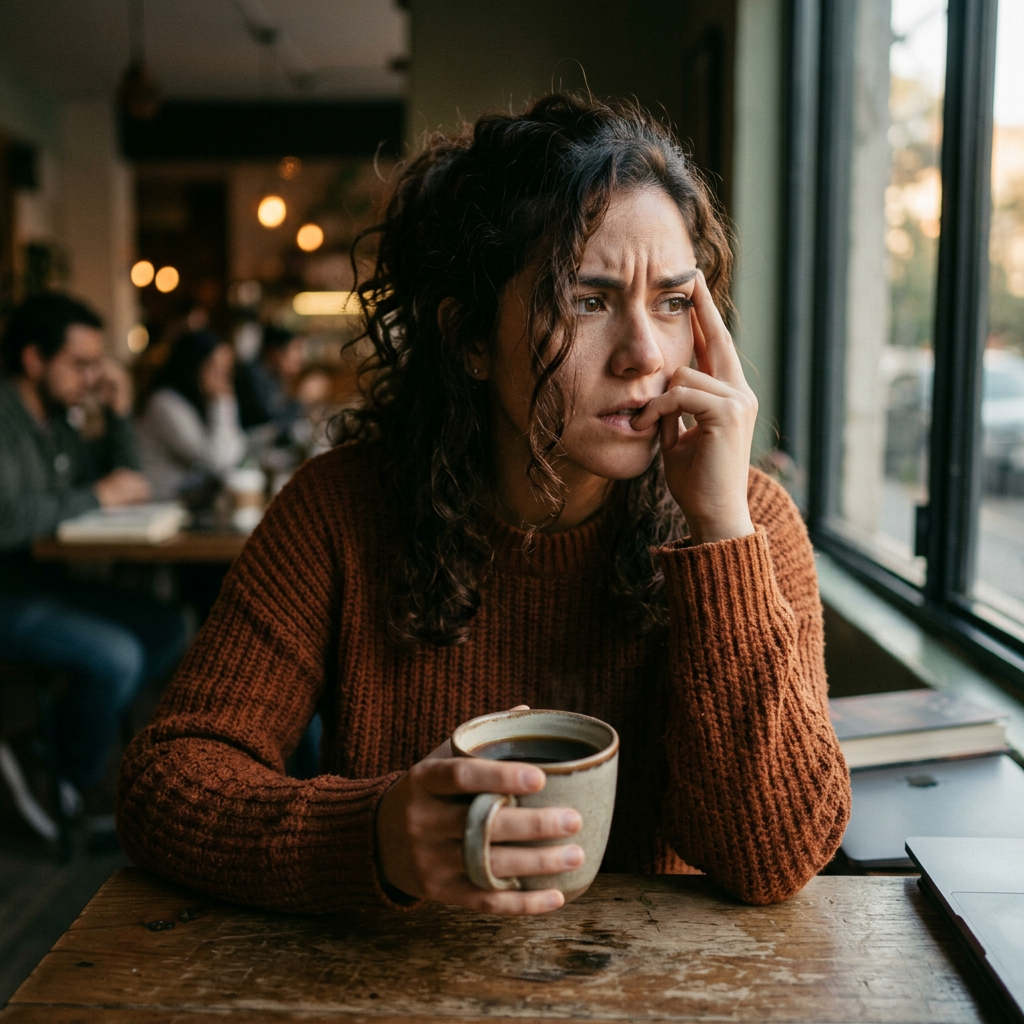 Thoughtful woman holding coffee cup looking out café window